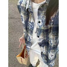 绿色扎染格子短袖衬衫男女夏季薄款宽松防晒衬衣cleanfit情侣外套，男装T恤，星座1116A（原606A-3）