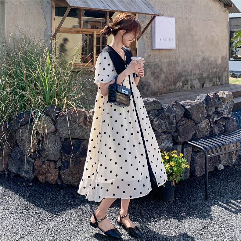 宽松慵懒风娃娃领波点连衣裙女春夏2025新款大码胖mm减龄显瘦长裙,女装连衣裙,2C090
