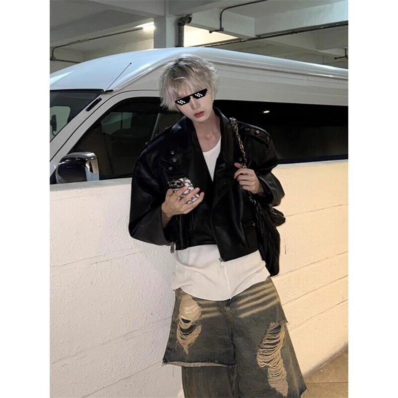 短宽廓形高腰皮衣痞帅高级感垫肩外套机车服JK746特P82,男装皮衣,星座908-1