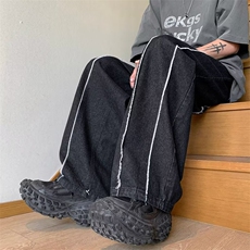 美式复古潮牌裤子男高街设计感小众牛仔裤直筒阔腿长裤N0705-P45，男装牛仔裤，星座308B-1