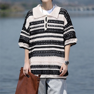 8XL-M 特大码美式复古条纹撞色针织POLO衫翻领休闲短袖TDX311P35图片