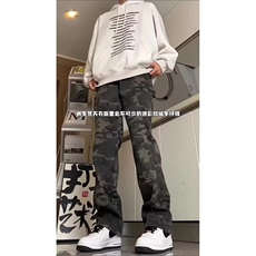 抖音得物美式复古迷彩微喇工装裤男款vibe高街裤子修身牛仔裤AK11，男装牛仔裤，电商A443