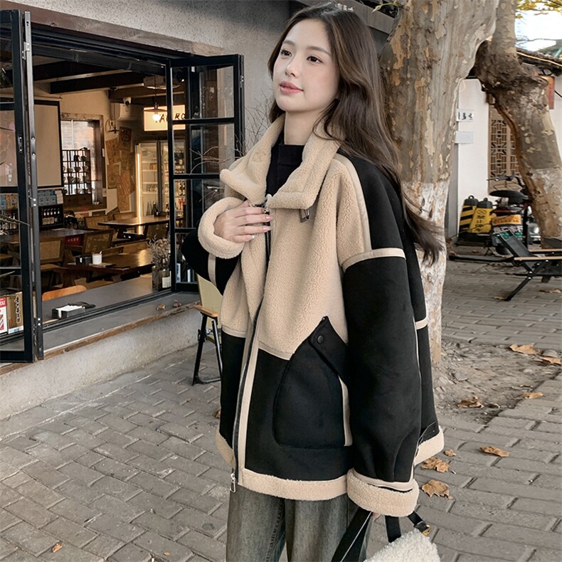 黑色短款皮毛一体羊羔毛厚外套女秋冬2024新款超好看加绒机车棉服,女装短外套,2C129