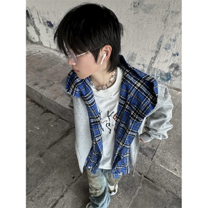 【有货】假两件格子拼接卫衣男款设计感连帽开衫外套JL97CC-特P68图片