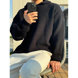 冬季纯色简约连帽毛衣男日系宽松穿搭复古慵懒休闲针织衫MS21
