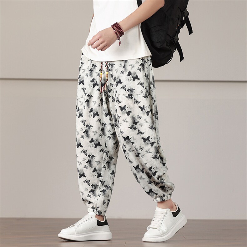 夏季轻薄休闲裤男风蝴蝶印花宽松哈伦裤潮束脚灯笼裤AK18P45，男装休闲裤，星座220-2