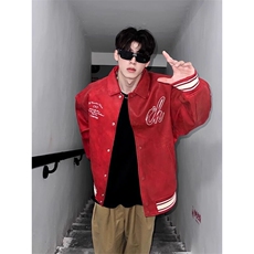 酒红色外套美式复古高级感痞帅PU皮夹克棒球服JK611特P70，男装夹克，星座908-1