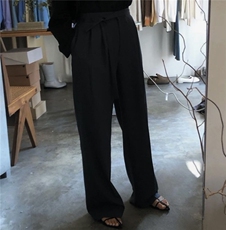 高腰可调节腰带直筒休闲垂坠感阔腿西裤，女装休闲裤，湘姗