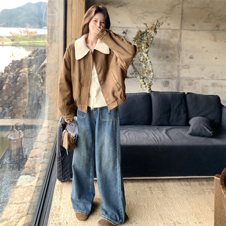 撞色毛织翻领羽绒内胆90绒麂皮绒外套2C050-1303-P245-K368,女装羽绒服,2C050