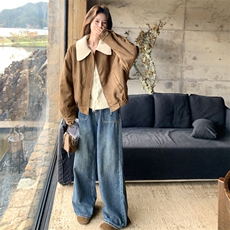 撞色毛织翻领羽绒内胆90绒麂皮绒外套2C050-1303-P245-K368，女装羽绒服，2C050