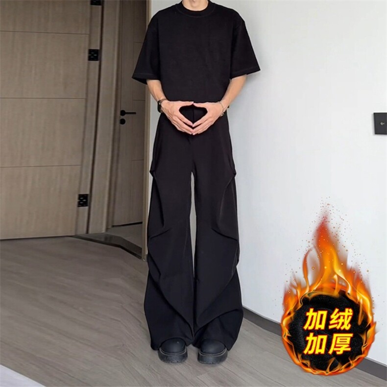 美式cleanfit褶皱西裤子男2025秋季新款潮牌宽松微喇垂感休闲长裤图片