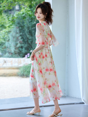 拉夏贝尔官方绝美碎花刺绣连衣裙女2025夏季新款气质茶歇法式长裙，女装连衣裙，辉煌依升
