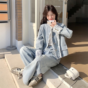蕾丝花边拼接牛仔套装女2025春季新款盐甜系短款外套阔腿裤两件套图片