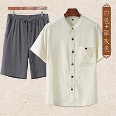 主推款男士高端中老年亚麻短袖T恤短裤套装中年棉麻休闲大码短袖，男装大码男装，钱塘723