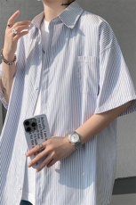 8XL-M条纹短袖衬衫男夏季宽松慵懒风痞帅大码衬衣外套DC28001P40，男装衬衫，电商B312
