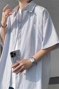8XL-M 条纹短袖衬衫男夏季宽松慵懒风痞帅大码衬衣外套DC28001P40图片