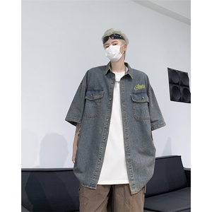中古风刺绣字母牛仔衬衣美式休闲男女宽松短袖衬衫图片