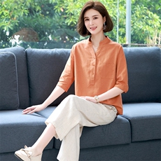 母亲节妈妈夏装套装气质2024年女士棉麻上衣亚麻洋气中老年两件套，女装套装/套裙，希欧阁