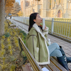 韩系chic羊羔毛外套女冬韩版宽松今年流行加绒加厚皮毛一体机车服，女装棉衣/棉服，帛香坊