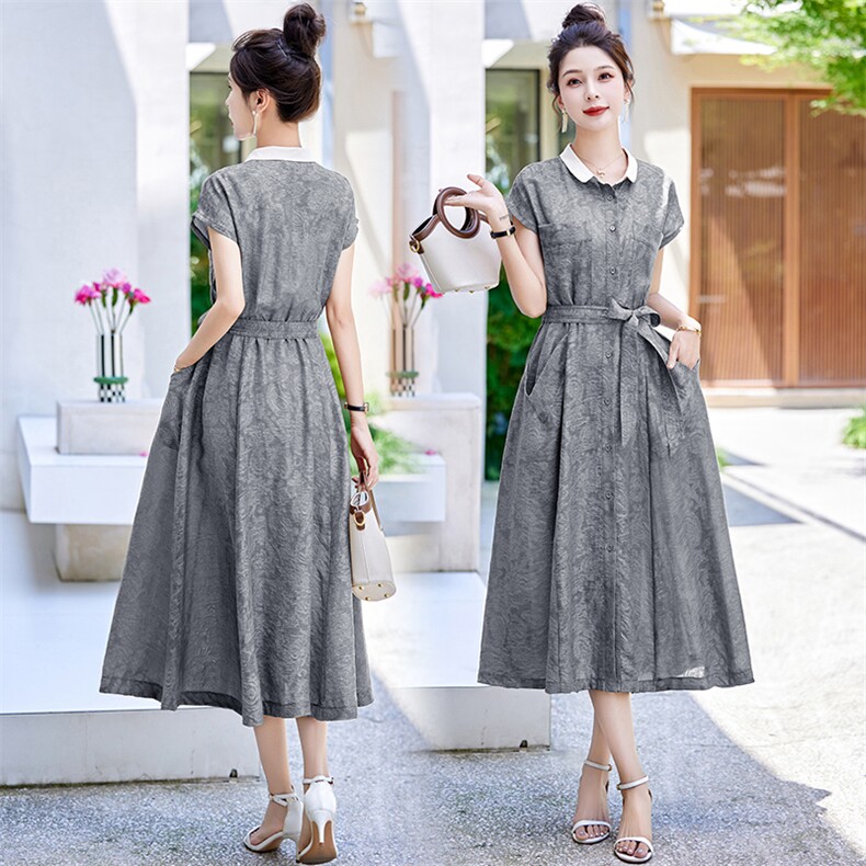 2025夏季新款时尚高级感简约气质印花小众连衣裙收腰修身减龄长裙，女装连衣裙，魅丽静蓝