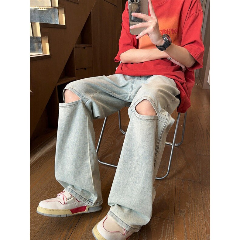 美式复古黄泥破洞牛仔裤男M-4XL直播品质P65控88,男装牛仔裤,电商B219B