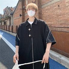 美式高街痞帅衬衫男短袖宽松拉链设计感上衣夏季潮流休闲半袖衬衣，男装T恤，星座506A