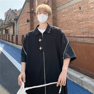 美式高街痞帅衬衫男短袖宽松拉链设计感上衣夏季潮流休闲半袖衬衣图片