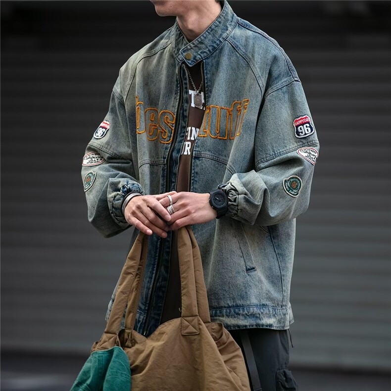 JK8899-P65美式机车风牛仔外套男水洗做旧潮牌炸街刺绣,男装工装外套,电商B323A