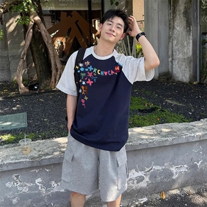 抖音得物高品质二开240克宽松纯棉美式潮牌插肩袖拼接短袖T恤图片
