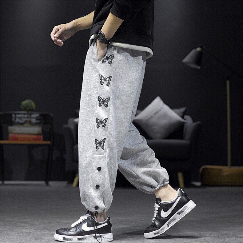 K196P30短句风2024春夏季休闲宽松大码蝴蝶印花港风束脚裤哈伦裤，男装休闲裤，电商A026-1