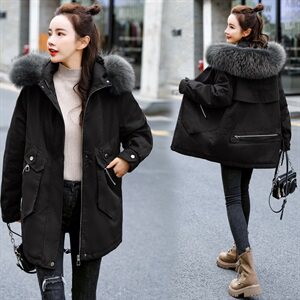 棉衣/棉服2021新款冬兔毛中长款工装带帽棉服女外套配毛领图片