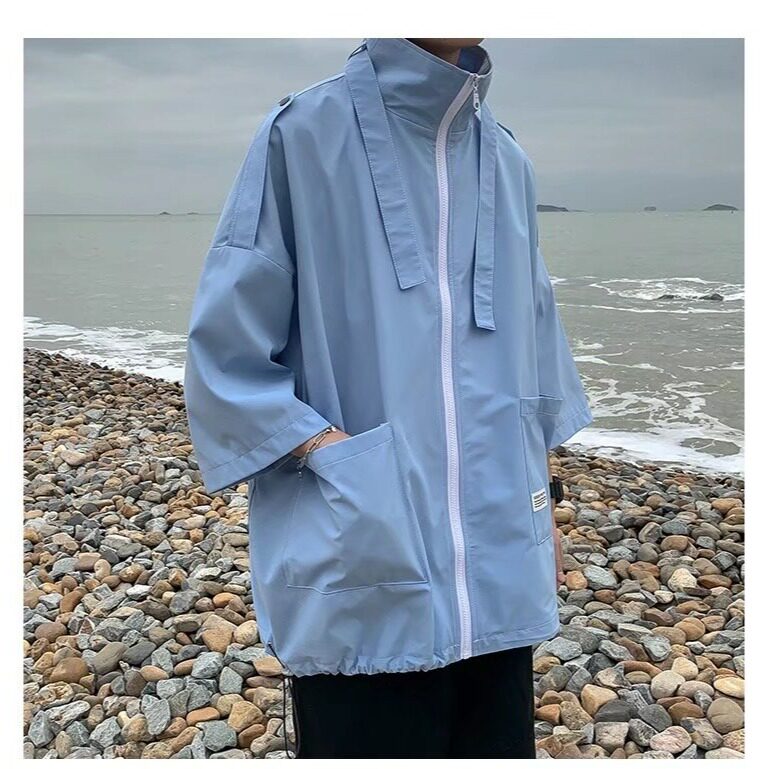 防晒薄款外套男夏季新款港风帅气青年宽松休闲高级七分袖拉链寸衫,男装防晒衣,星座1210-1