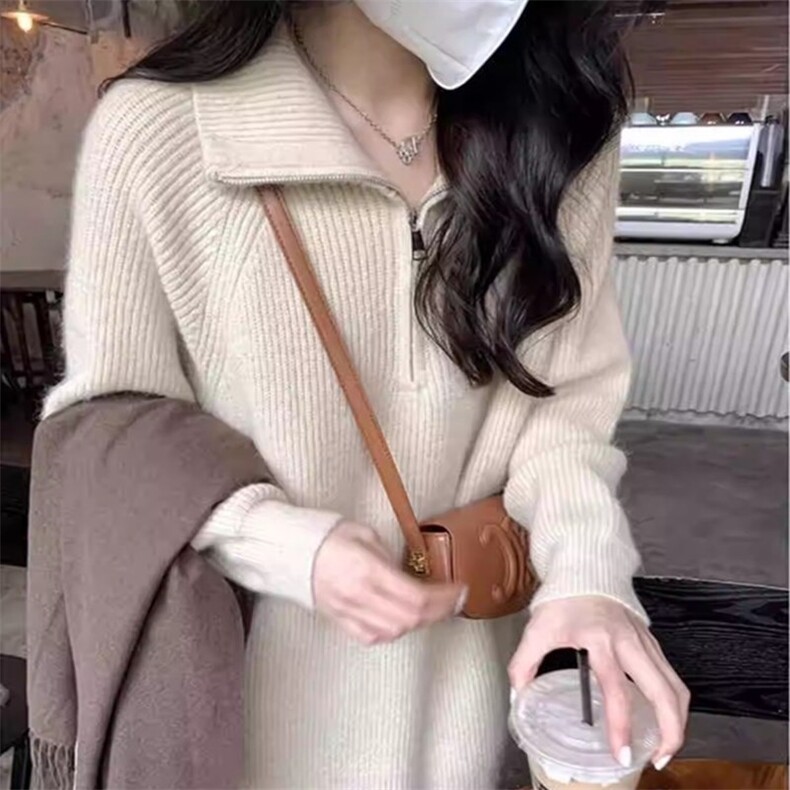 慵懒风高级感半拉链设计感连衣裙保暖时尚,女装连衣裙,珍珑羊绒