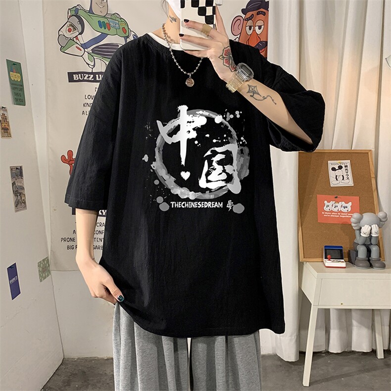 YT26134-P30亚麻短袖t恤男大码五分袖男宽松七分袖海报风,男装T恤,电商A040