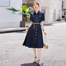 牛仔连衣裙女2025年夏季新款韩版中长款显瘦气质a字裙过膝衬衫裙，女装连衣裙，美沁