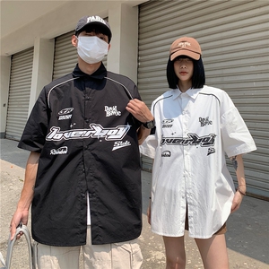 情侣装夏装新款机车字母印花织带短袖衬衫宽松男女港风潮D305 P48图片