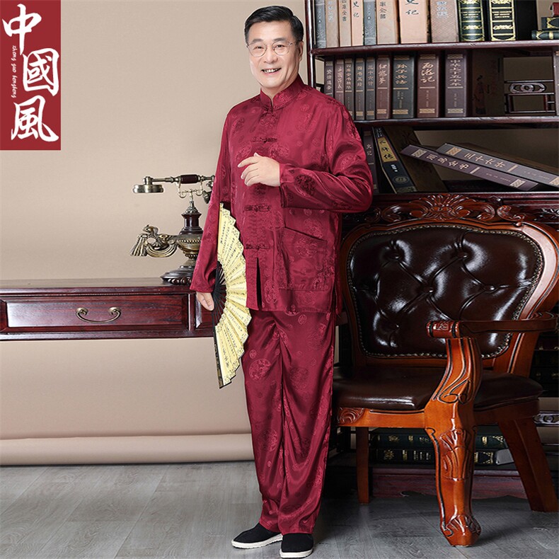 风中老年唐装男士春夏款大龙长袖套装丝绸衬衫,男装中老年男装,钱塘723