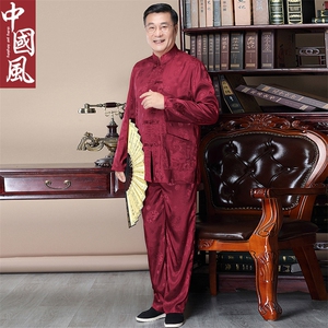 风中老年唐装男士春夏款大龙长袖套装丝绸衬衫图片