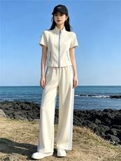 港风炸街休闲运动套装女夏洋气显瘦修身立领短袖上衣阔腿裤两件套，女装套装/套裙，江南