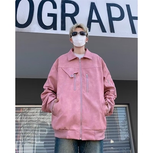 粉色复古机车男女春秋新款男生短款做旧时髦帅气夹克外套~JK005图片