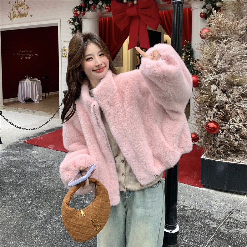 现货2D078-Y3385-P185K299仿生皮草貂绒外套浅粉/玫红/姜黄/深咖,女装棉衣/棉服,2D078