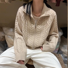 2025年秋季新款百搭女士高领拉链麻花提花三估加厚保暖双头拉链，女装羊毛衫，新胜羊绒