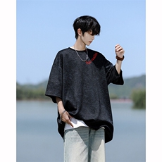 8XL-M高级感复古扎染短袖男波浪纹半截袖美式刺绣T恤DX345，男装T恤，电商D206-1