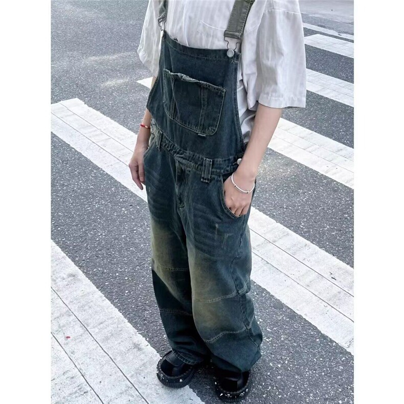 美式复古重磅宽松洗水怀旧磨旧高街直筒连体牛仔背带裤吊带裤男女图片