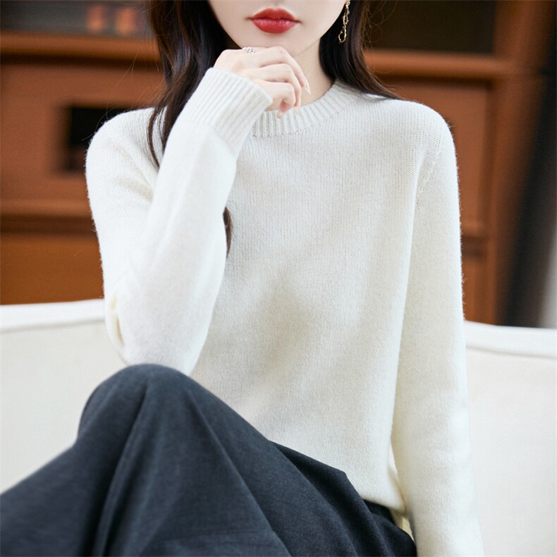 新款纯色圆领针织套头上衣休闲百搭,针织衫/毛衣,昭美羊绒