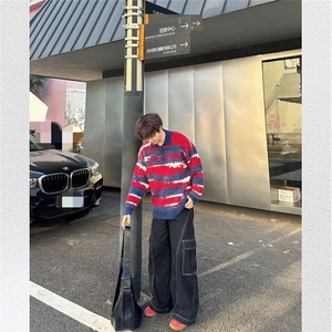 美式潮牌日系慵懒复古宽松翻领条纹毛衣小众设计感上衣男图片