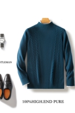 半高领加厚100%纯羊毛衫男士麻花长袖毛衣宽松羊绒衫打底内搭上衣，男装羊毛衫，邓利维