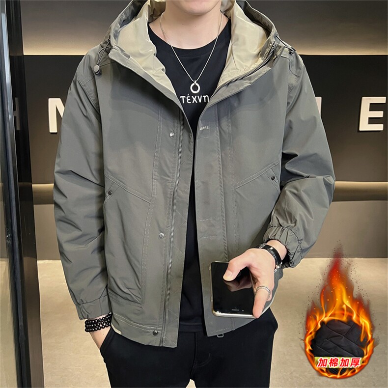 加棉加厚男士外套连帽帅气工装青年夹克百搭时尚潮流上衣,男装夹克,电商A225