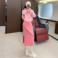 高级感时尚女秋季连帽卫衣收腰开叉半身裙两件套，女装套装/套裙，江南