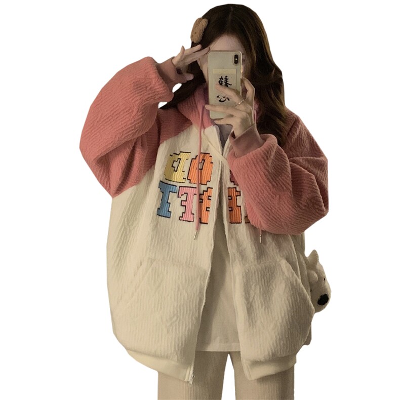 拼色羊羔毛外套冬季2025新款加棉加厚休闲带帽减龄棒球服C485-130,女装短外套,星座911-2(原星座613-2）